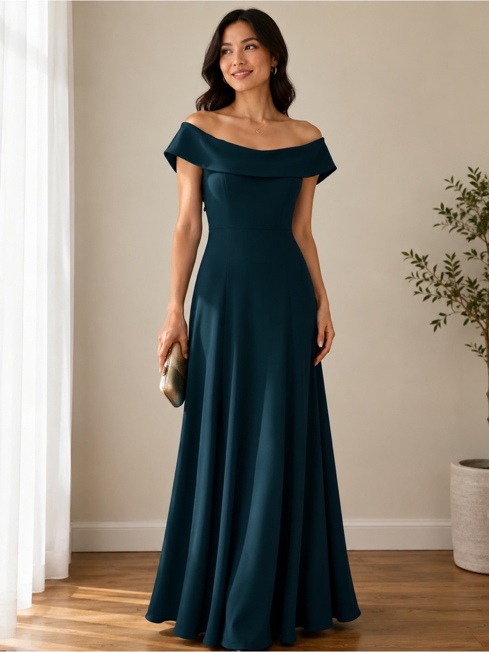 NWOT Betsy & Adam Off Shoulder Ruffle Mermaid Gown Teal Size 4